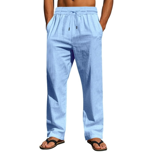 WRKEKC Casual Pants for Men Solid Color Spring Summer Thin Cotton Linen Look Leisure Straight Leg Tie Drawstring Trousers