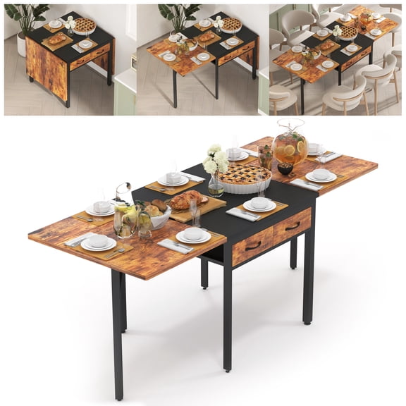Katalora Folding Dining Table,Dining Room Table with Drawers,Industrial Extendable Table for 6-8 People,for Dining Room,Living Room,Restaurant,Saving Space