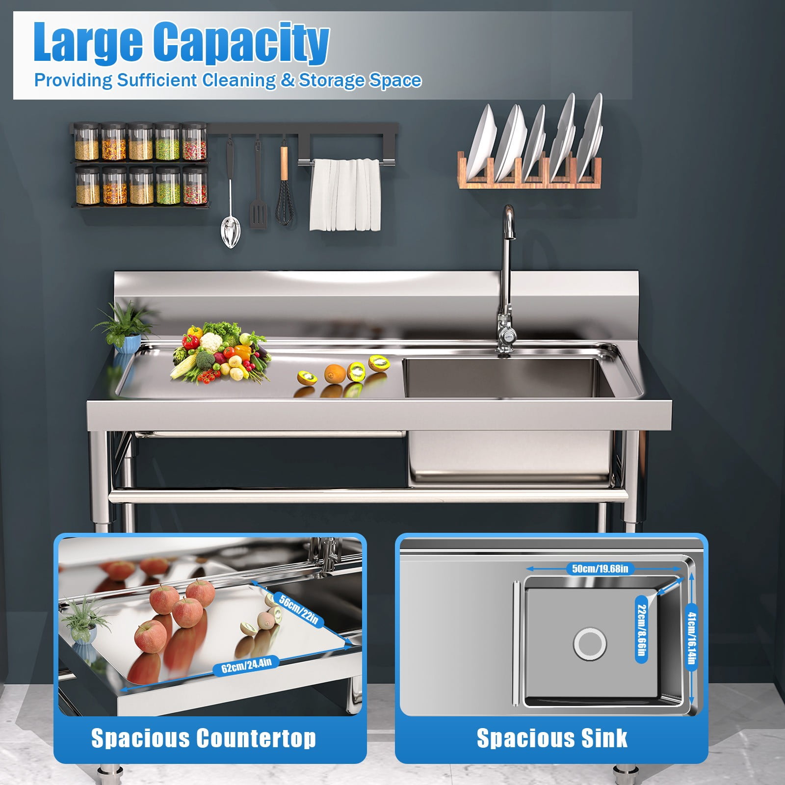 DUYIWAA 47'' Stainless Steel Utility Sink 1 Compartment Commercial Square Kitchen Sink for Restaurant Home
