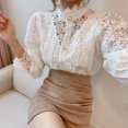 thumbnail image 5 of Women’s Lace Long Puff Sleeve Top Stand Collar Pearl Button Solid Color Blouse Shirt, 5 of 5