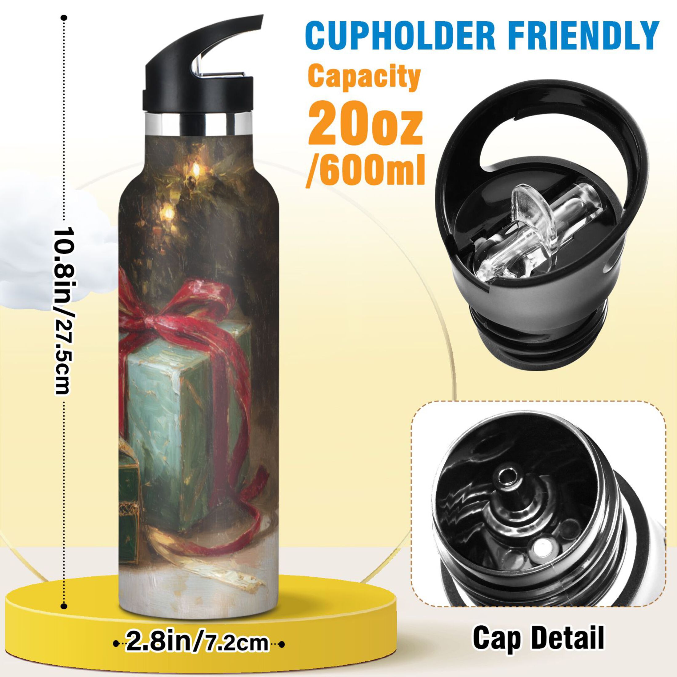 600ML Stainless Steel Insulated Cup Sports Water Bottle Portable Thermos Cup Water Glasses Insulated Tumblers Convenient and Durable Lovely Christmas Gifts