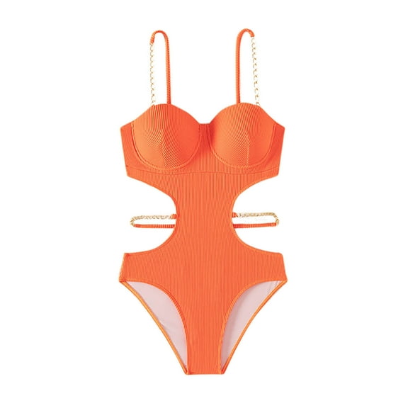 Fewfanhot Women's Solid Color Side Cutout One Piece Swimsuit, Gold Chain Detail & Push Up Shelf Bra, High Waist Monokini Tummy Control Bathing Suit