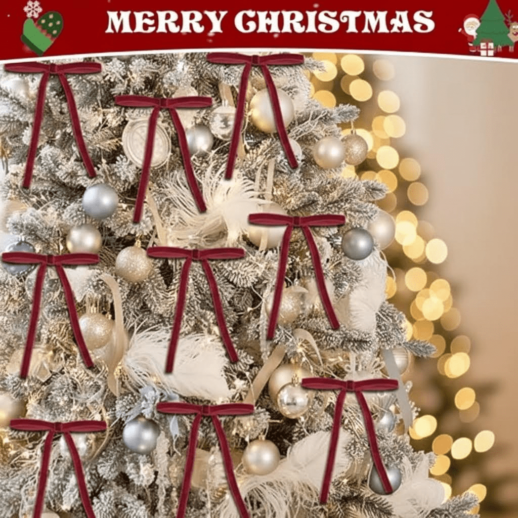 24 Count Rustic Red Velvet Christmas Ornaments and 5x7 Inch Pre-Tied Bows for Tree, Wreath, Garland, Gift Wrapping, and Vintage Holiday Home Decor