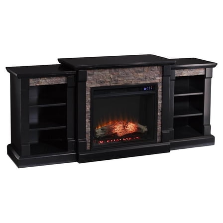 Pemberly Row Traditional Wood Electric Fireplace with Bookcase in Black