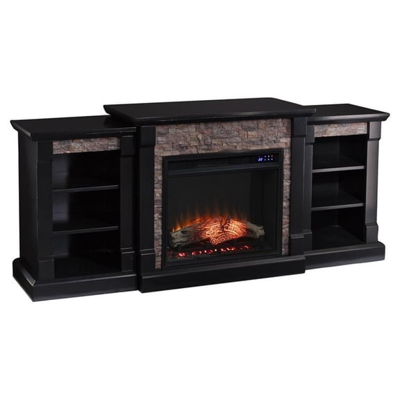Pemberly Row Traditional Wood Electric Fireplace with Bookcase in Black