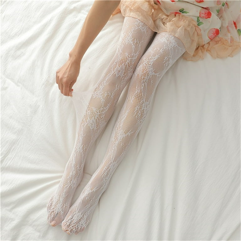 Women's Nylon Control Top Panty Hose Silk Lace Tights White