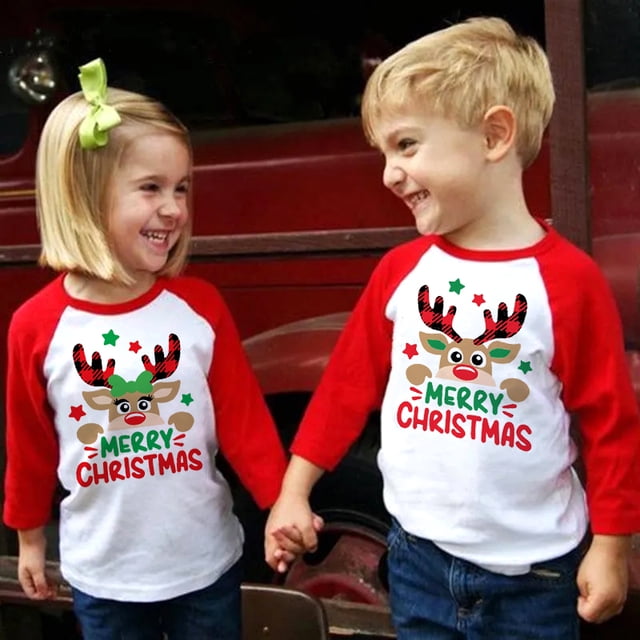 Camiseta con estampado de ciervos navideños para niños, camiseta navideña para niñas y niños, camisetas con mangas raglán, ropa para hermanos, camiseta para niños