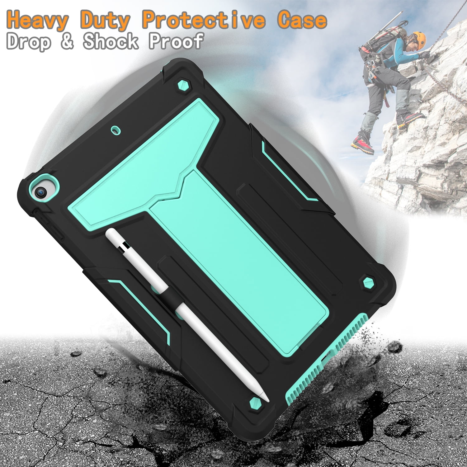 Allytech iPad 7th Generation Cases, iPad 10.2" 2019 Case Heavy Duty Hybrid PC + Silicone Drop Protection Rugged Case with Pencil Holder Built-in Kickstand for Apple iPad 10.2 inch, Black/Aqua