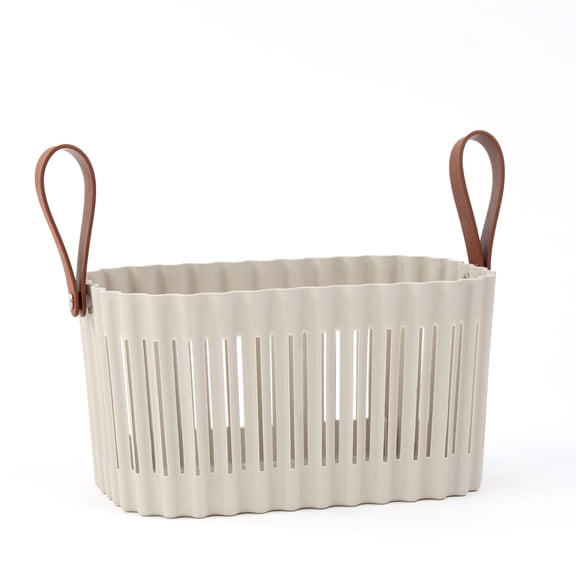 Organizing Essentials Medium Plastic Storage Basket with Soft Handles – Tan & Brown Decorative Bin – Rectangular Organizer Basket, 5.3L
