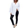 thumbnail image 6 of Women's Plus Size Cotton Linen Tunic, Long Sleeve V Neck Blouse with Flare Sleeve, Solid Color Loose Fit Top for Spring Summer Beach Casual Wear and Vacation Outfits White M, 6 of 7