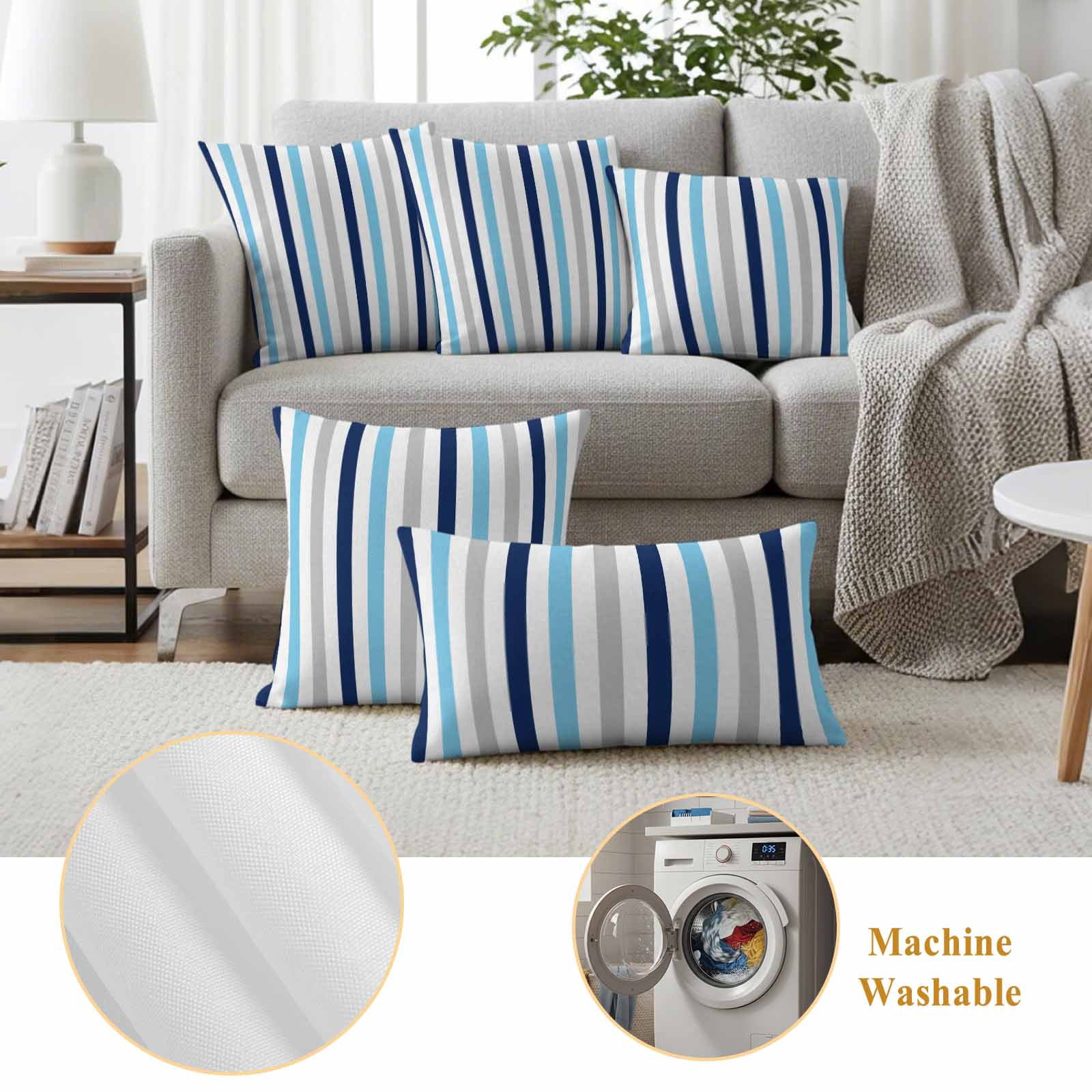 Blue Grey Stripe Outdoor Waterproof Pillow Covers, Geometric White Vertical Striped Decorative Square Throw Pillowcase Sofa Cushion Sham for Patio/Couch/Chair, 16"x16" 2 Pack