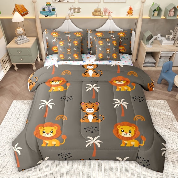 Homewish Kawaii Jungle Lion Twin Bedding Sets 7-Piece for Kids, Tropic Coconut Tree Bedding Comforter Set, Cute Animal Lover Reversible Sheet Sets, Brown Luxury Bedroom Decor