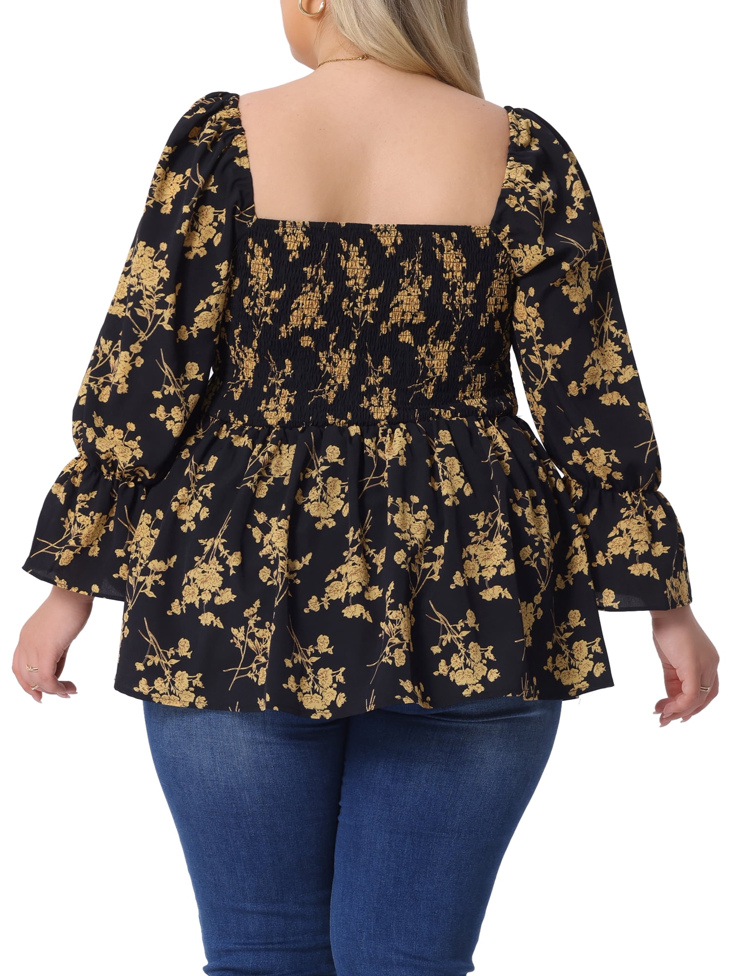 DARING DIVA Women's Plus Floral Print Square Neck Blouse 2X Black