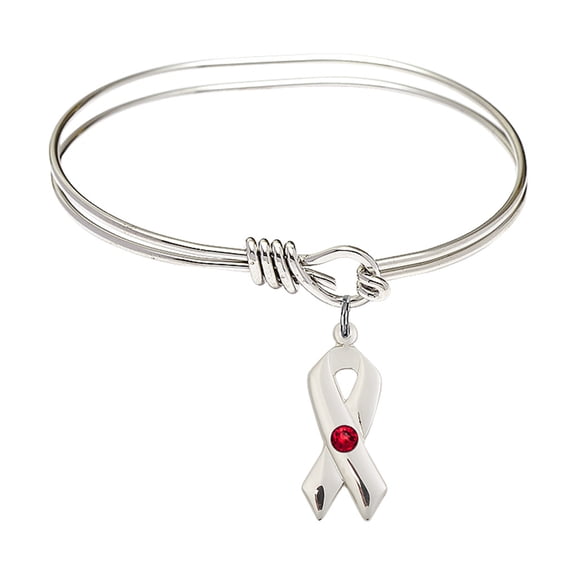 5 3/4 inch Oval Eye Hook Bangle Bracelet w/ Cancer Awareness medal charm w/ July Red Swarovski Crystal