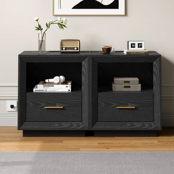 CozyHome Nightstand Set with Charging Station: Bedside Tables with Spacious Drawer, 2 USB Type-C Ports, Bedroom & Dorm Storage Organizer, Set of 2, Black