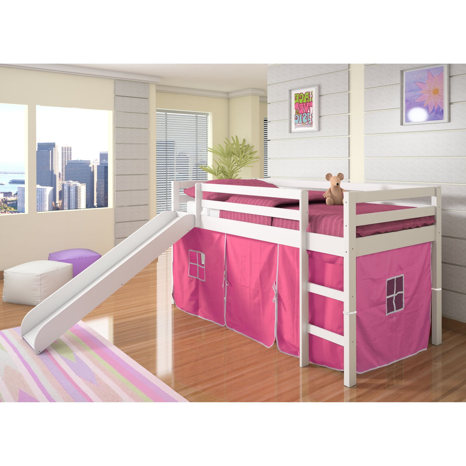 Donco Kids Twin Loft Bed Slide Wood Frame with Camo Tent White/Green