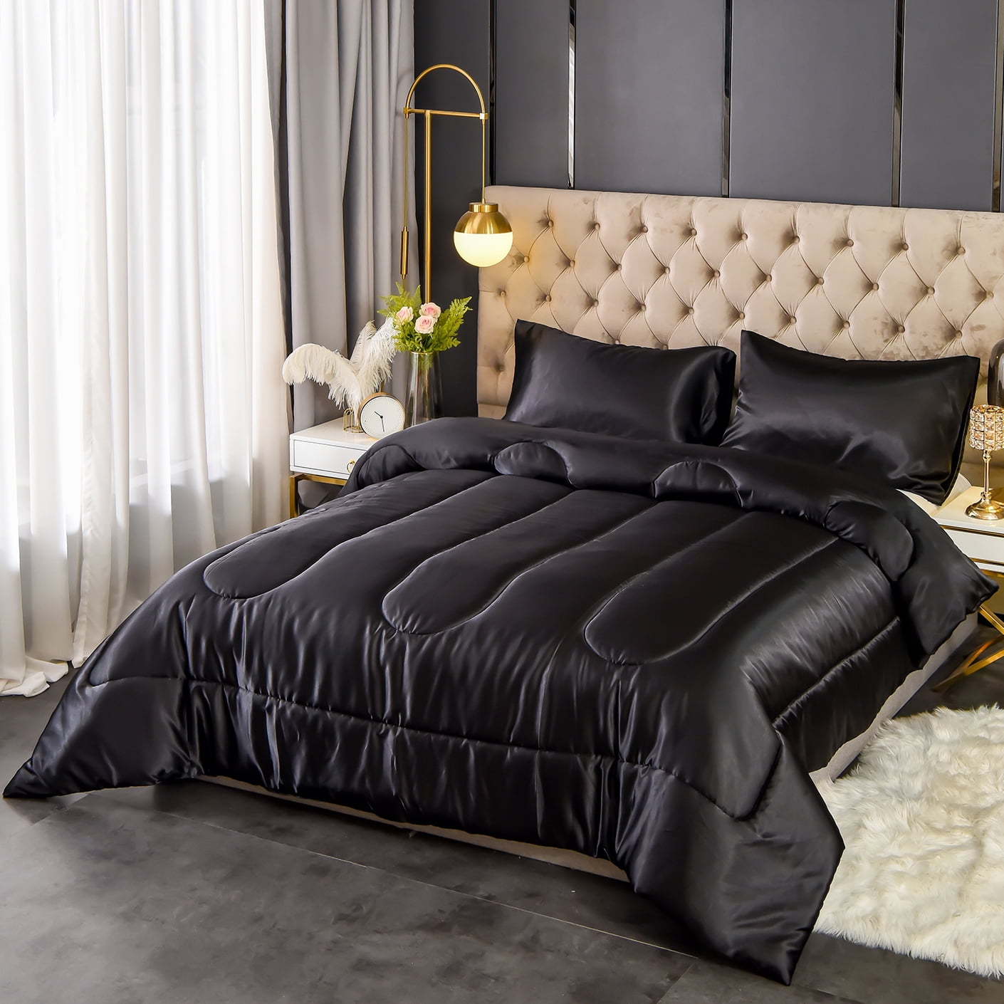 Move Over Black Comforter Set King Silk like Satin Bedding Sets Solid