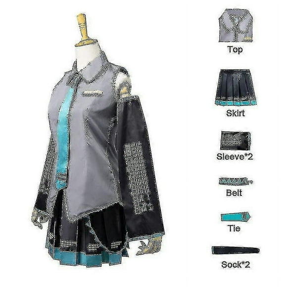 Costume de Perruque Cosplay Miku Vocaloid Robe Midi Japonaise Débutante Future Miku Cosplay Femme Halloween Costume en Tissu pour Femme-Vert Perruque-TTTG