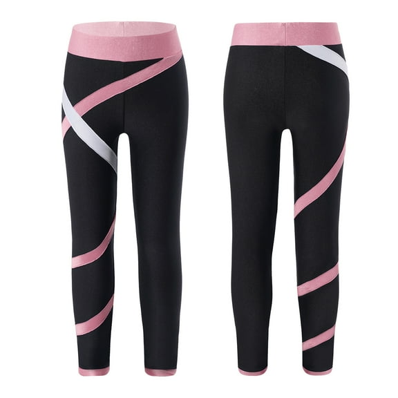 YONGHS Kids Girls Colorblock Close-fitting Stretchy Ice Skating Tights Leggings Training Competition Pants Pink 6