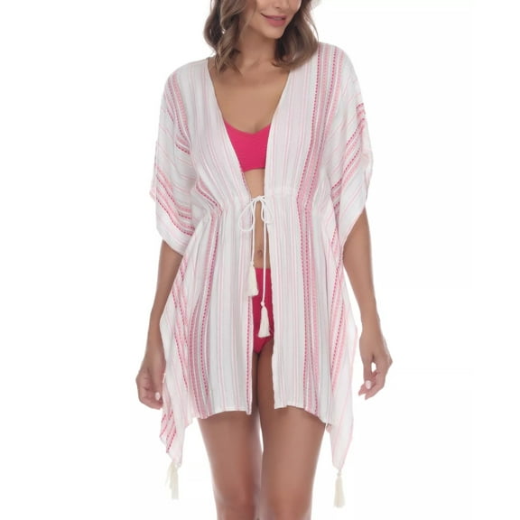 Raviya Women's Striped Tassel Trim Cover Up Dress Swimsuit Pink Size Large