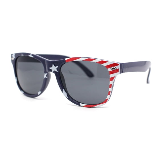 Kids Size Patriotic American USA Flag Print Classic Hipster Horn Rim Plastic Sunglasses Navy Arm