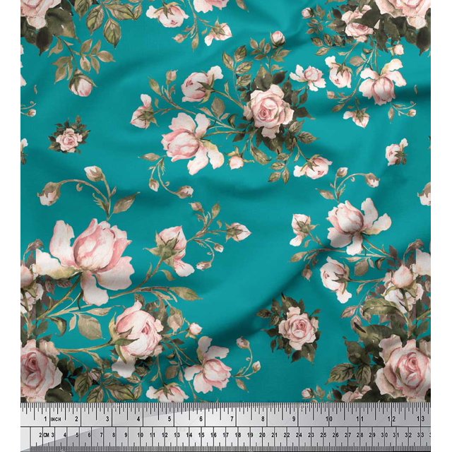Soimoi Tissu Crêpe polyester Vert Feuilles & Roses Imprimé Floral au Mètre 52 Pouces de Large