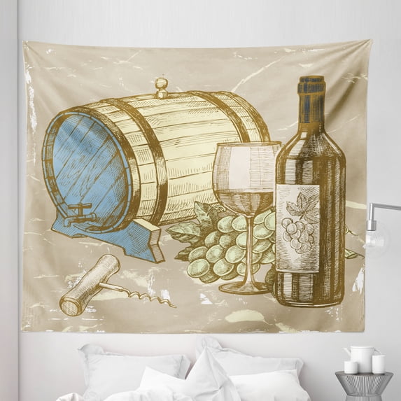 Wine Tapestry, Vintage Hand Drawn Style IIlustration of Wine Cask Bottle and Glass with Grapes, Fabric Wall Hanging Decor for Bedroom Living Room Dorm, 5 Sizes, Multicolor, by Ambesonne