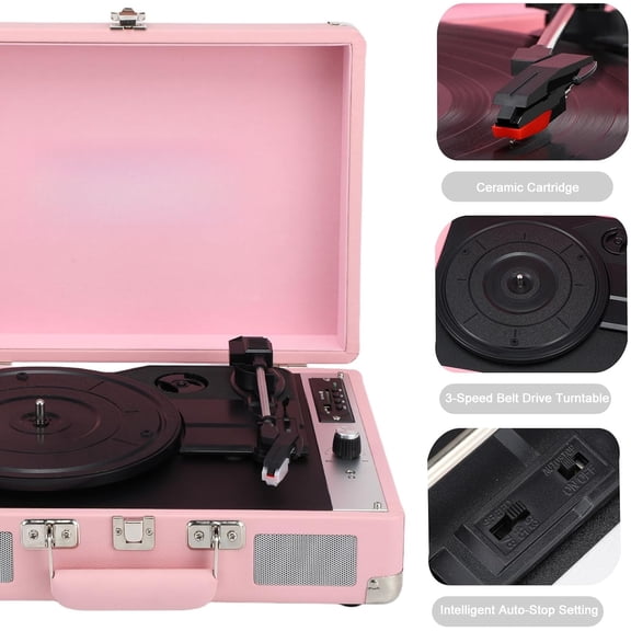 Bluetooth Vinyl Record Player with Stereo Speakers, 3-Speed All-in-One Turntable with USB/SD Playback, AUX Input, RCA Output, Headphone Jack for Beginners, Pink