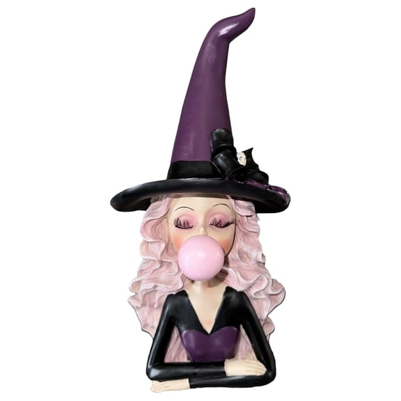 Witch Halloween Decor, QIDESHIP, Resin Witch Blowing Bubble Gum Figurine with Bow for Tabletop Shelf Display, Spooky Cute Desk Ornament for Halloween Party Home Decoration, 9.8 Inch