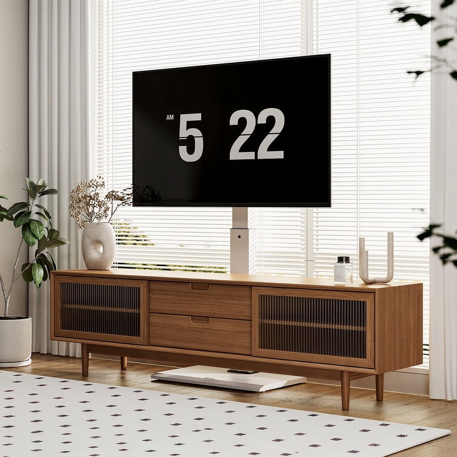 FITUEYES Modern White Swivel Floor TV Stand for TVs up to 65 inch Metal Base with Power Strip Mount