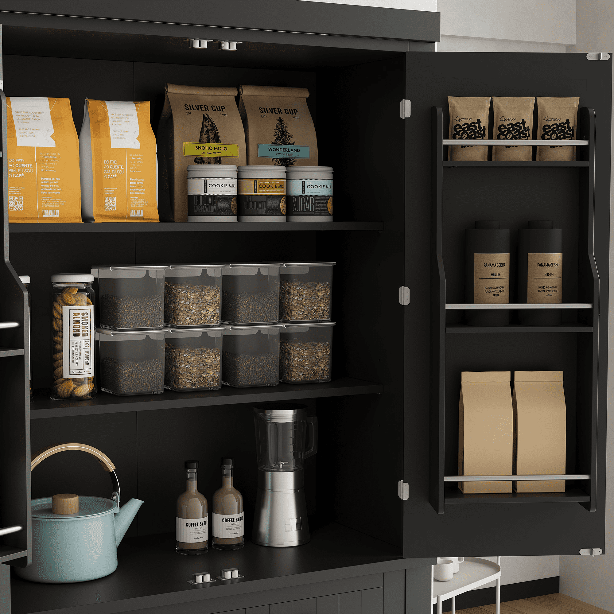 72 in Kitchen Pantry Storage Cabinet, Freestanding Food Pantry Cabinet with Drawer, Modern Wood Cupboard with 6 Door Shelves and 4 Adjustable Shelves for Ding Room, Black