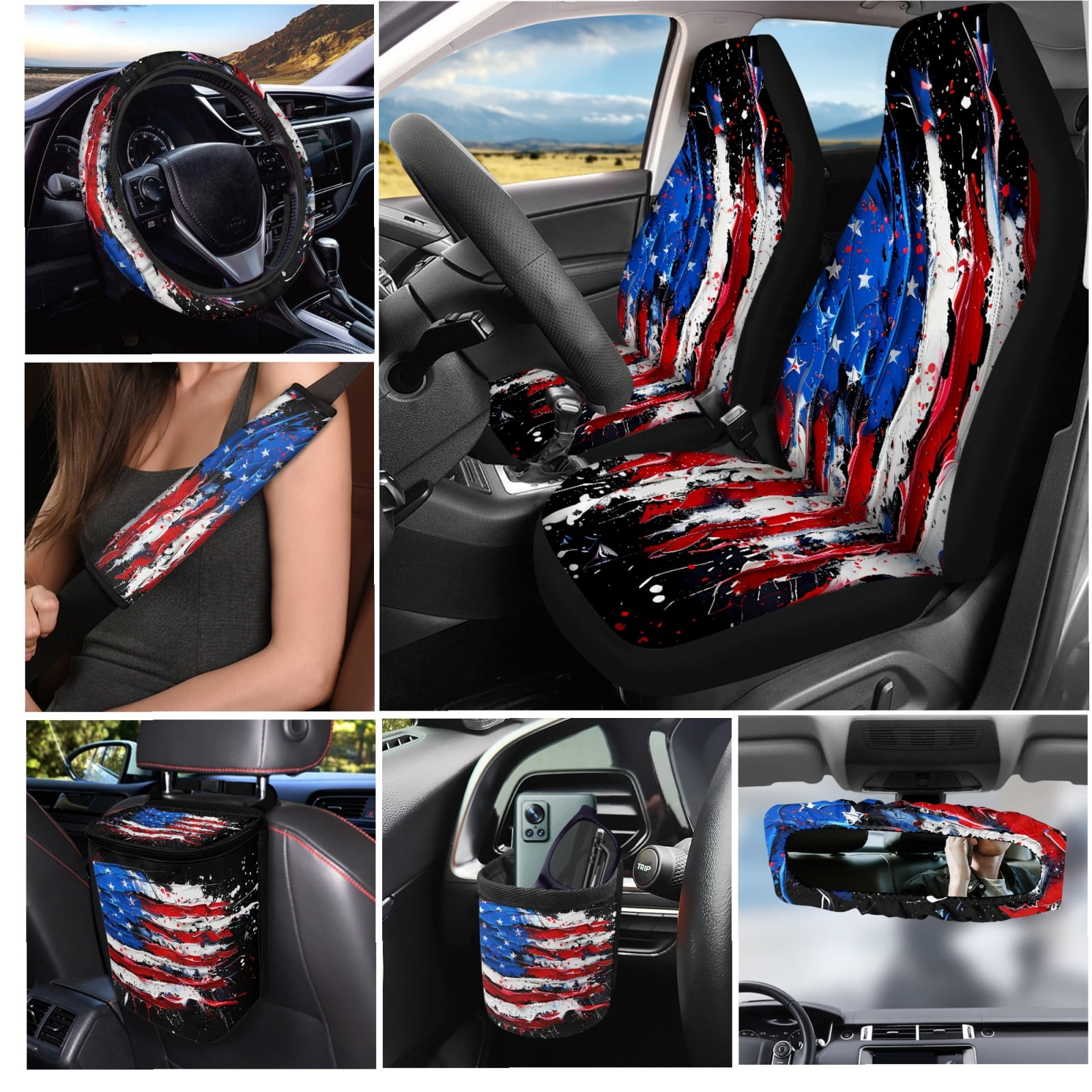 Yuyamidu 15 Piece American Flag Car Seat Covers Full Set with Auto Steering Wheel Cover Seat Belt Strap Protector Cup Holder Trash Bag Air Vent Storage Pocket Rearview Protector Wristlet Keychain