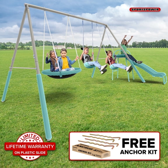 Sportspower Super Saucer Metal Swing Set with 2 Swings, Saucer Swing, & 5' Double Wall Slide with Lifetime Warranty
