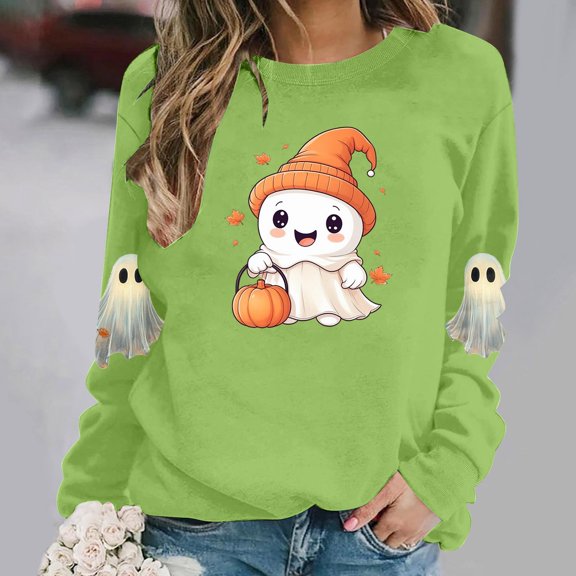 Mifsaly Womens Funny Novelty Halloween Ghost Graphic Pullover Sweatshirt Casual Long Sleeve Crewneck Fleece Tops Cozy Autumn for Everyday Outfits Green,XL