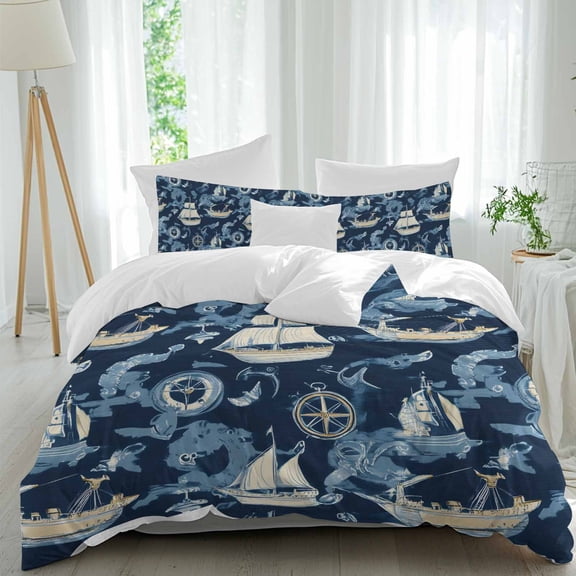 3 Piece Navy Blue Coastal Duvet Cover Set Twin Size, Microfiber Comforter/Quilt Cover with Corner Ties and 2 Pillowcases, Nautical Boat Summer Beach Ocean All Season Soft Bedding with Zipper Closure