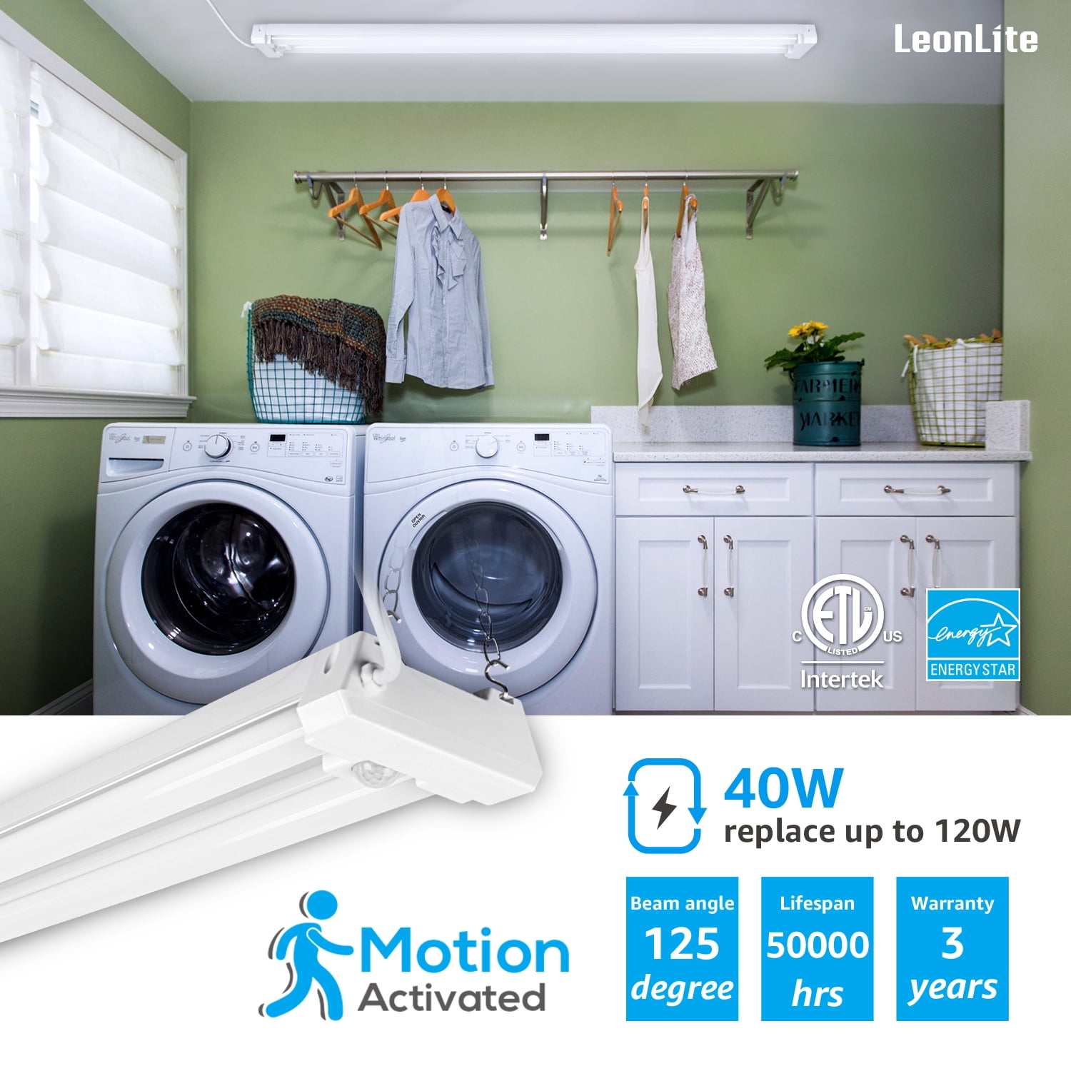 6 Pack Motion Sensor 4FT LED Utility Shop Light, 40W Plug in Linkable Light Fixtures, for Garage, Workshop, 4000lm, 5000K Daylight, Suspension & Flush Mount, FCC, ETL Certified