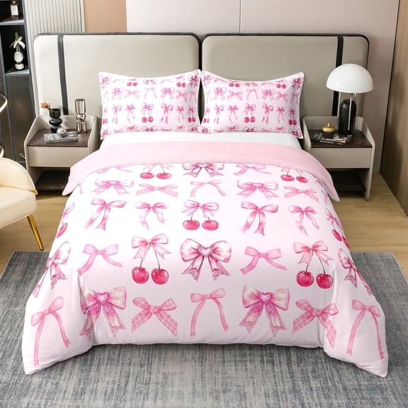Erosebridal Cherry Bowknot 100% Cotton Duvet Cover Queen Teens Adult,Pink Checkered Bow Bedding Set,Kawaii Princess Quilt Cover(No Comforter)