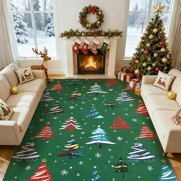 GAOMON 9x12ft Area Rugs Green, Christmas Tree Pattern, Washable Non Slip Rug, Low Pile, Festive Holiday Decor for Living Room, Bedroom, Entryway, Office