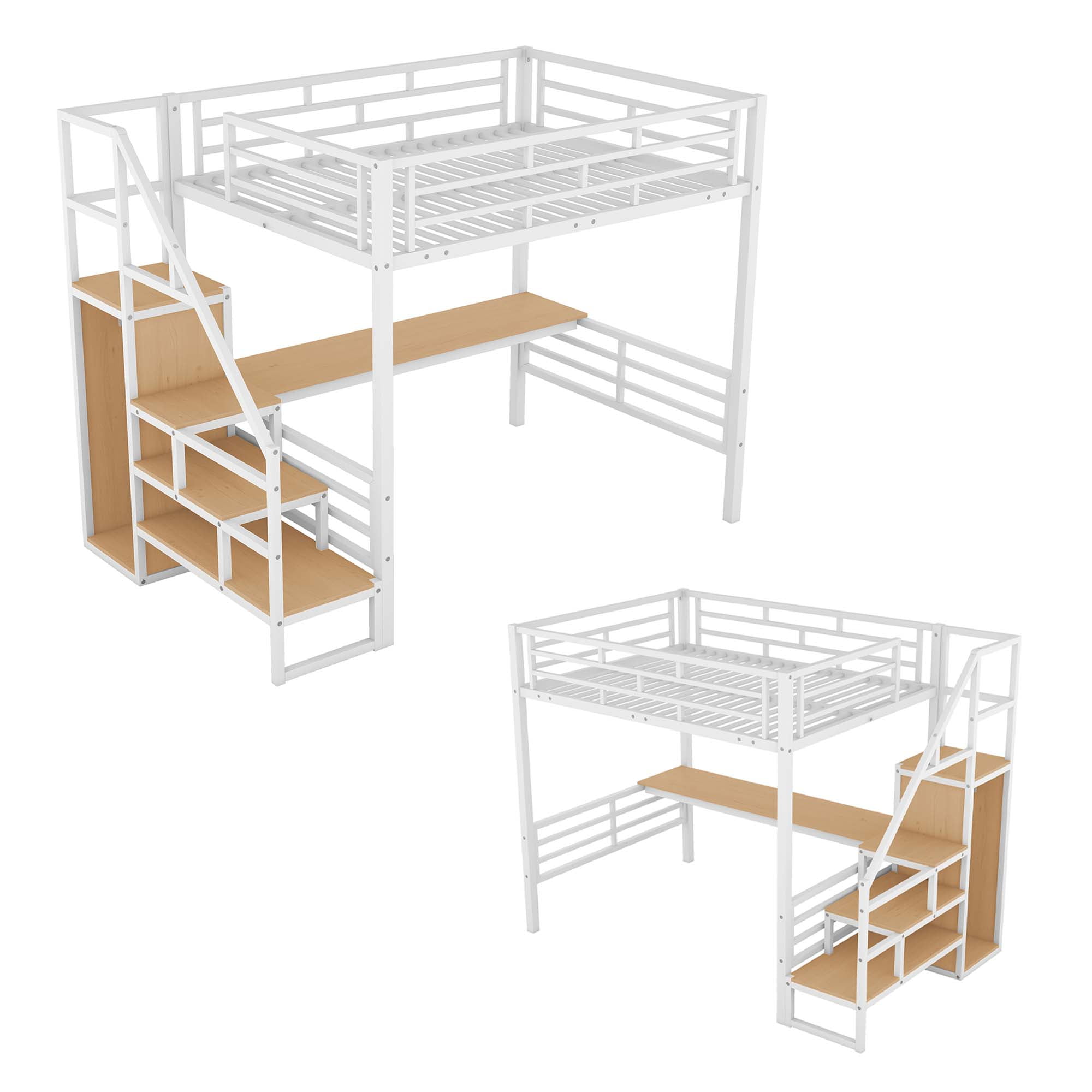 Aukfa Full Size Metal Loft Bed with Desk and Wardrobe, Staircase Loft Bed for Kids Teens - White