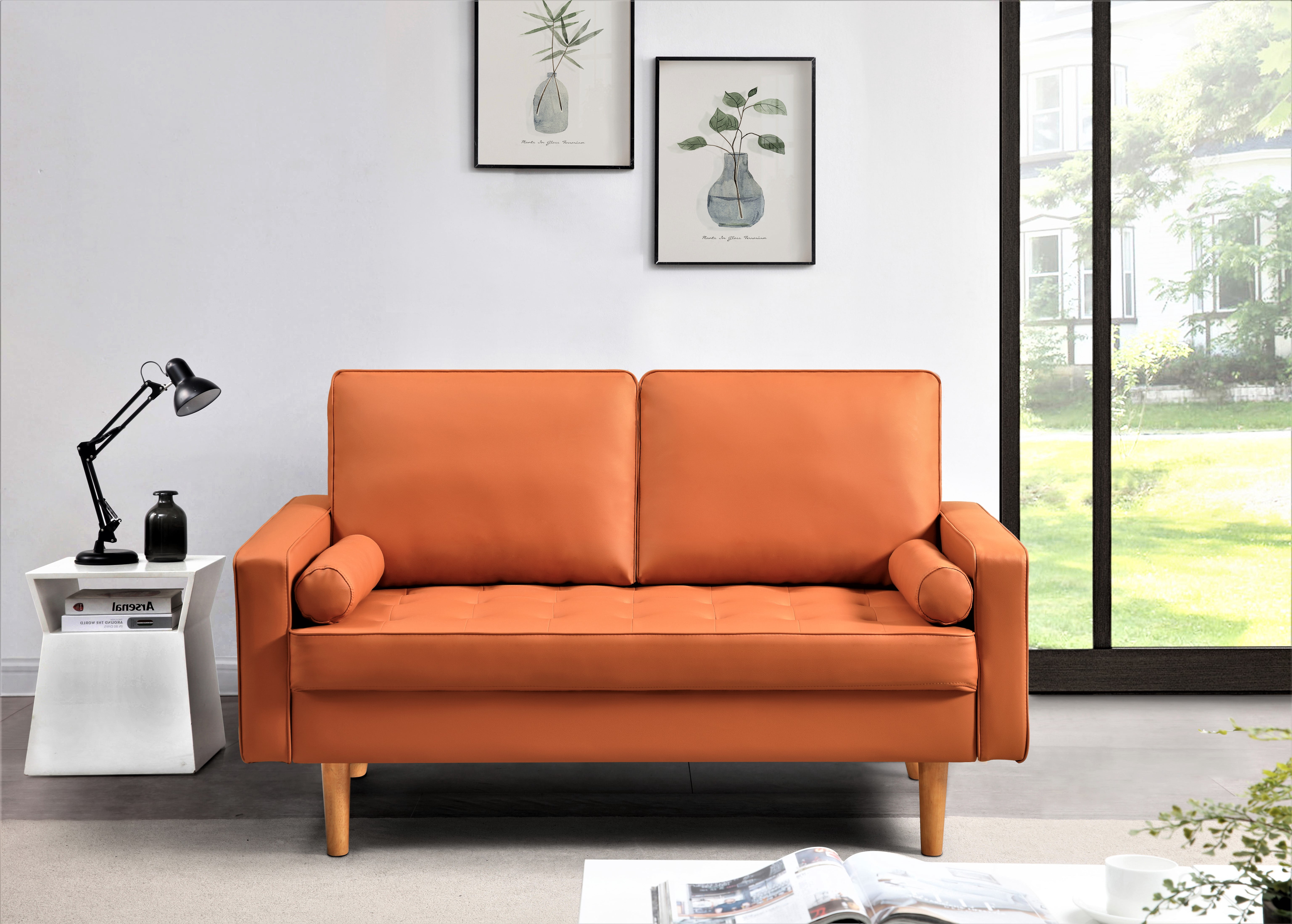 US PRIDE FURNITURE Partone 57.9'' Vegan Faux Leather Square Arm Loveseat -Red Orange