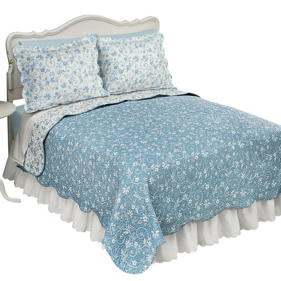 Collections Etc Reversible Floral Quilt with Scalloped Edges and Two-Tone Design, Blue, King