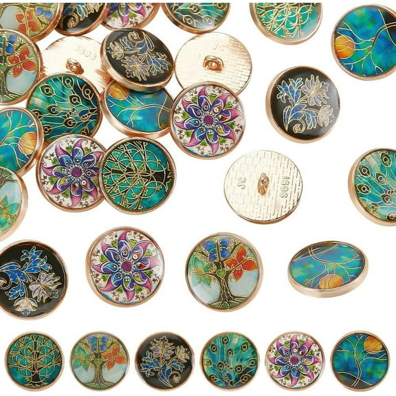 24pcs 6 Styles Alloy Enamel Shank Metal Blazer Buttons 20x8mm Flower Tree Theme Vintage Round Sewing Jacket Coat Suits Buttons Colorful