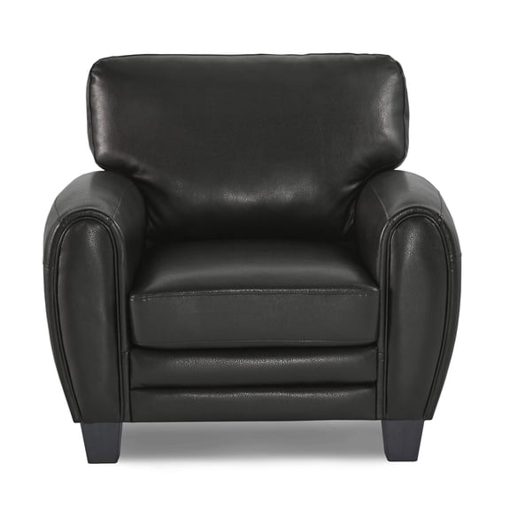 Retro Modern Accent Chair, Black Faux Leather Upholstered Armchair with Solid Wood Frame for Living Room