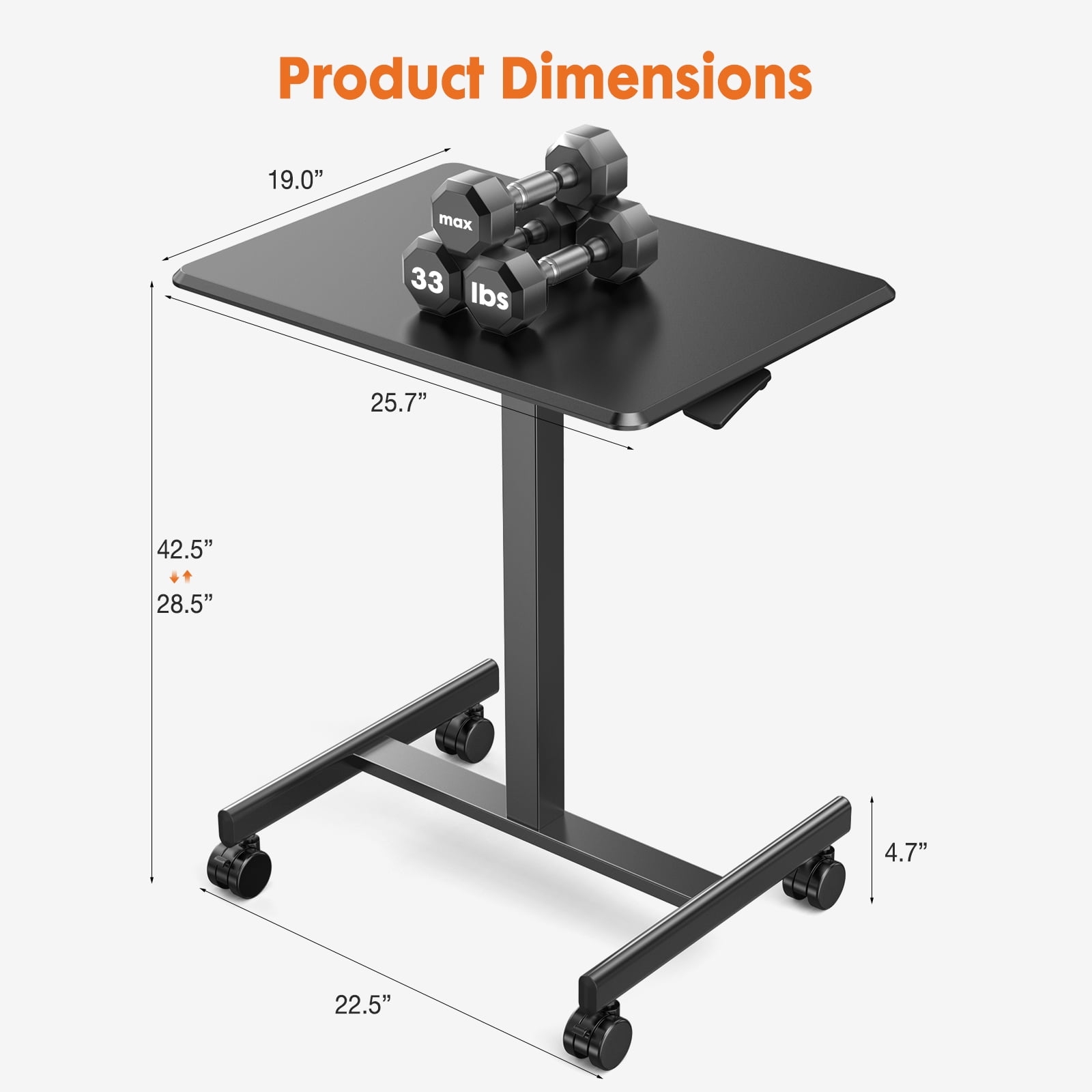 Mobile Rolling Standing Desk - Overbed Table, Teacher Podium with Wheels, Adjustable Work Table, Rolling Desk Laptop Computer Cart for Home, Office, Classroom - Black