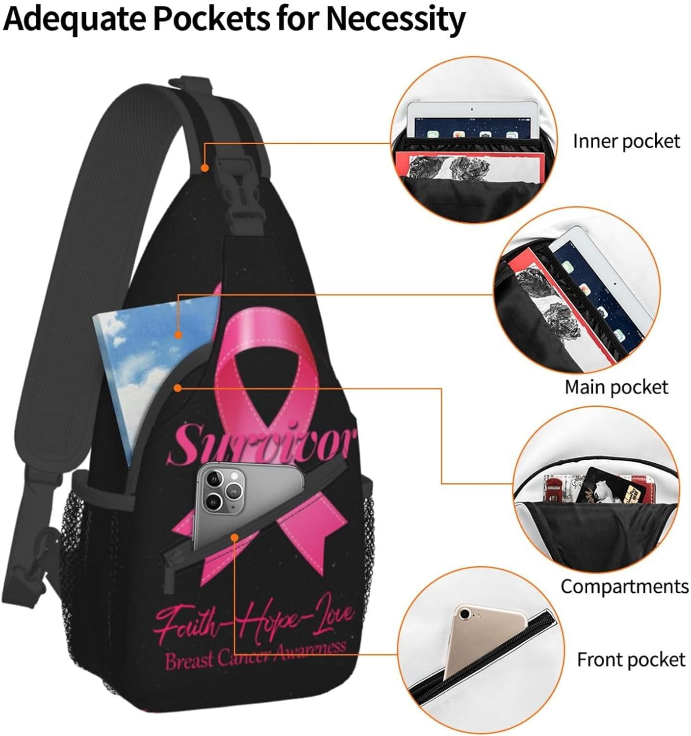 Breast Cancer Survivor Faith Love Hope Sling Bag Crossbody Hiking Travel Chest Bags Backpack Shoulder Daypack for Women Men