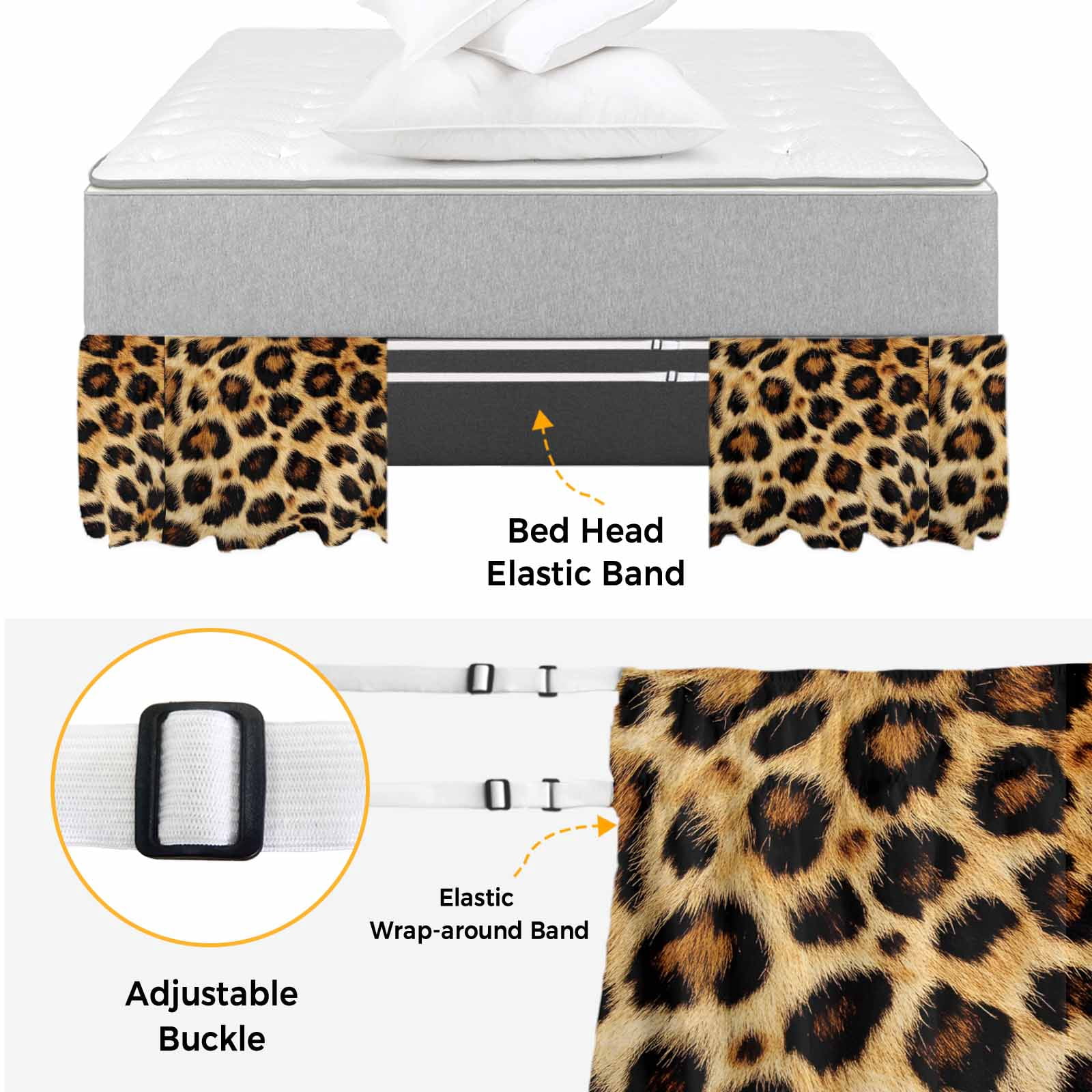 Bed Skirt Fashion Wild Style Adjustable Elastic Wrap-Around Dust Ruffle with Vintage Brown Leopard Print 16 Inch Drop, Bed Frame Cover for King Size Bed