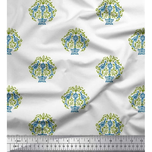 Soimoi Crepe Silk Fabric Peacock & Tree Block Print Fabric by The Yard 42 Inch Wide