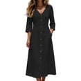 thumbnail image 2 of Wovilon Women's V Neck Button Front Midi Dress, 3/4 Sleeve Side Pocket Relaxed Fit A-Line, Lightweight Breathable Cotton Linen Blend Solid, 2 of 7
