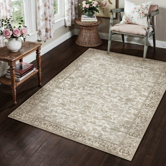 BERTHMEER 4'x6' Area Rugs for Living Room Bedroom Kitchen Rugs Non Slip Washable Brown Vintage Oriental Dorm Office Dining Room Distressed Throw Rugs