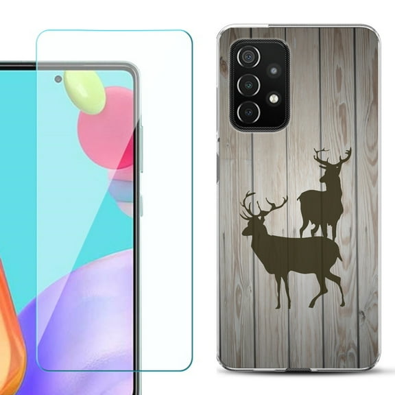 Slim-Fit Flexible Gel TPU Phone Case compatible with Samsung Galaxy A52 5G, with Tempered Glass Screen Protector, by OneToughShield ® - Wood/Deer
